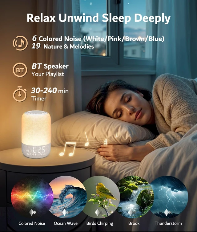 Alt view image 5 of 7 - Sunrise Alarm Clock, Wake Up Light with 2 Alarms, White Noise Machine | 25 Soothing Sounds, Bluetooth Speaker, Sunrise/Sunset Simulation, 12 Colors Nightlights for Heavy Sleepers Adults Bedroom