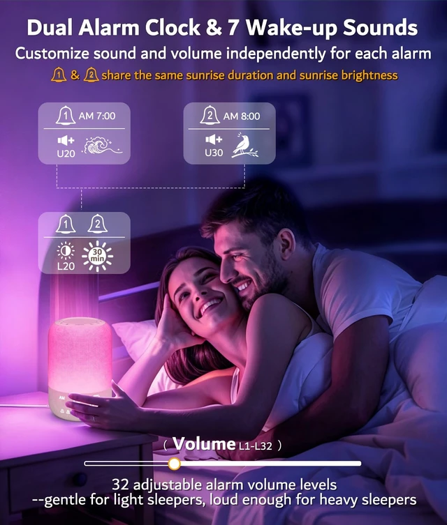 Alt view image 4 of 7 - Sunrise Alarm Clock, Wake Up Light with 2 Alarms, White Noise Machine | 25 Soothing Sounds, Bluetooth Speaker, Sunrise/Sunset Simulation, 12 Colors Nightlights for Heavy Sleepers Adults Bedroom
