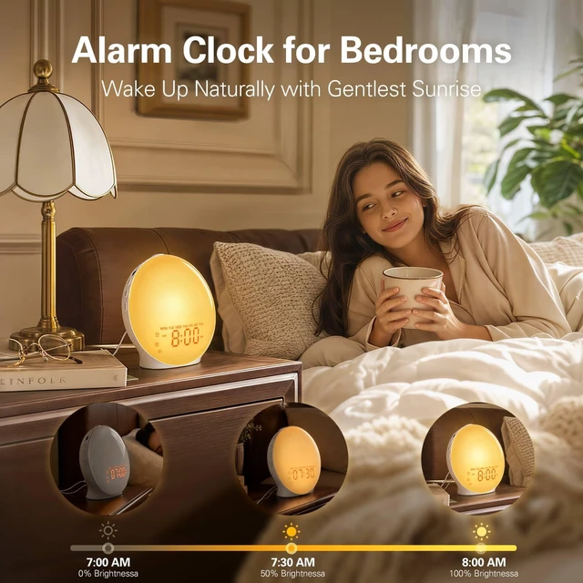 Alt view image 2 of 7 - Full-Screen Wake Up Light Sunrise Alarm Clocks for Bedrooms, White Noise Machine for Heavy Sleepers, 25 Natural Sounds, Dual Alarms, FM Radio, 17 Dimmable Colors, Bluetooth Speaker