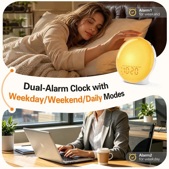 Alt view image 4 of 7 - Full-Screen Wake Up Light Sunrise Alarm Clocks for Bedrooms, White Noise Machine for Heavy Sleepers, 25 Natural Sounds, Dual Alarms, FM Radio, 17 Dimmable Colors, Bluetooth Speaker