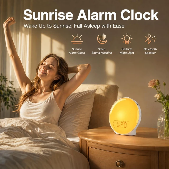 Alt view image 3 of 7 - Full-Screen Wake Up Light Sunrise Alarm Clocks for Bedrooms, White Noise Machine for Heavy Sleepers, 25 Natural Sounds, Dual Alarms, FM Radio, 17 Dimmable Colors, Bluetooth Speaker