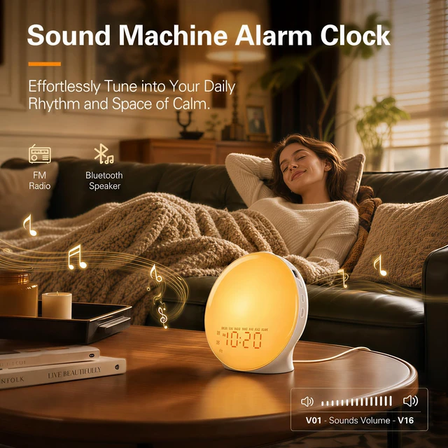 Alt view image 6 of 7 - Full-Screen Wake Up Light Sunrise Alarm Clocks for Bedrooms, White Noise Machine for Heavy Sleepers, 25 Natural Sounds, Dual Alarms, FM Radio, 17 Dimmable Colors, Bluetooth Speaker