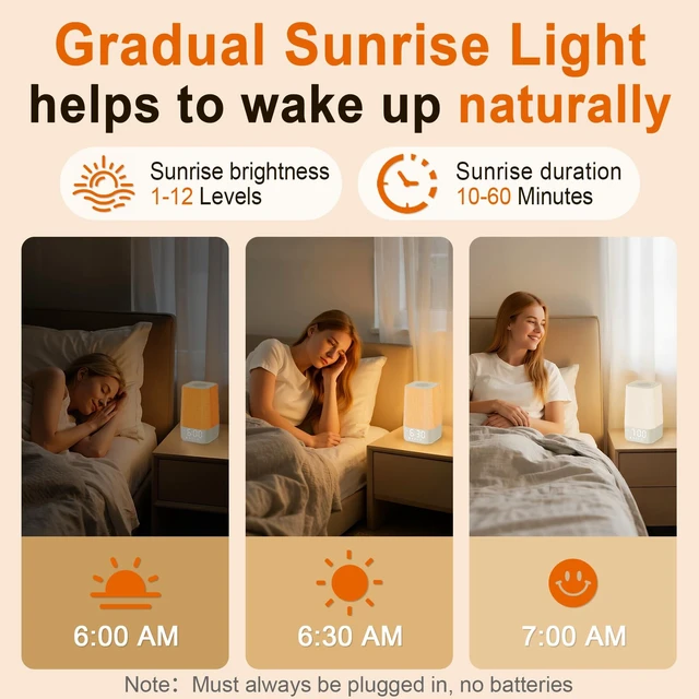 Alt view image 2 of 7 - Sunrise Alarm Clock with Sound Machine, Gentle Wake Up Light for Bedroom | 10-60 Mins Gradual Light, 30 Soothing Sounds, Adjustable Brightness, 32-Level Volume, Bright & Loud Enough for Dark Morning
