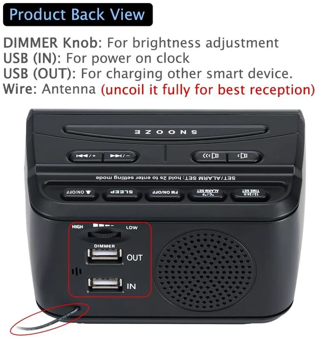 Alt view image 7 of 7 - Alarm Clock Radio for Bedrooms with Battery Backup | Large Numbers with Dimmer Wheel, USB Port, Bedside Digital FM Radio with Sleep Timer, Temperature, Adjustable Volume, Snooze