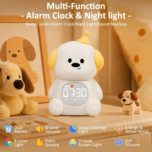 Alt view image 2 of 7 - Dog Kids Alarm Clock with Night Light, OK to Wake Clock for Toddler | Cute Digital Clock for Bedroom Bedside, Dual Alarm, Multicolor Night Light, White Noise, Desk Clock Gift for Boys and Girls