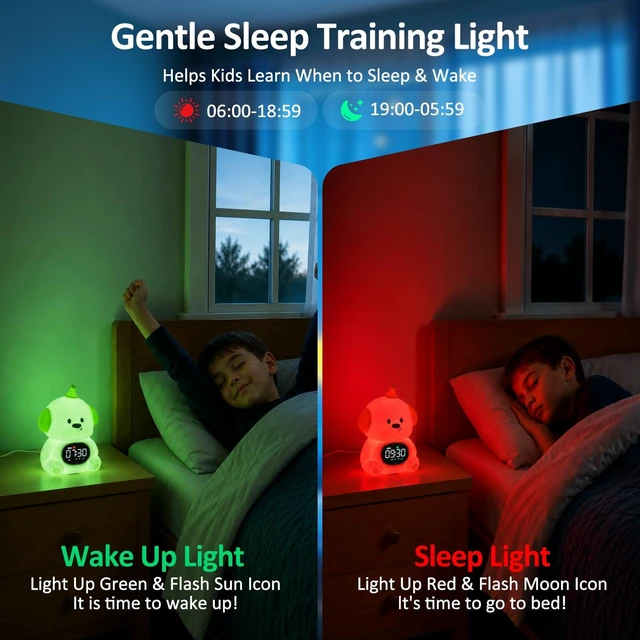 Alt view image 3 of 7 - Dog Kids Alarm Clock with Night Light, OK to Wake Clock for Toddler | Cute Digital Clock for Bedroom Bedside, Dual Alarm, Multicolor Night Light, White Noise, Desk Clock Gift for Boys and Girls