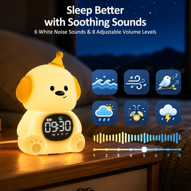 Alt view image 5 of 7 - Dog Kids Alarm Clock with Night Light, OK to Wake Clock for Toddler | Cute Digital Clock for Bedroom Bedside, Dual Alarm, Multicolor Night Light, White Noise, Desk Clock Gift for Boys and Girls
