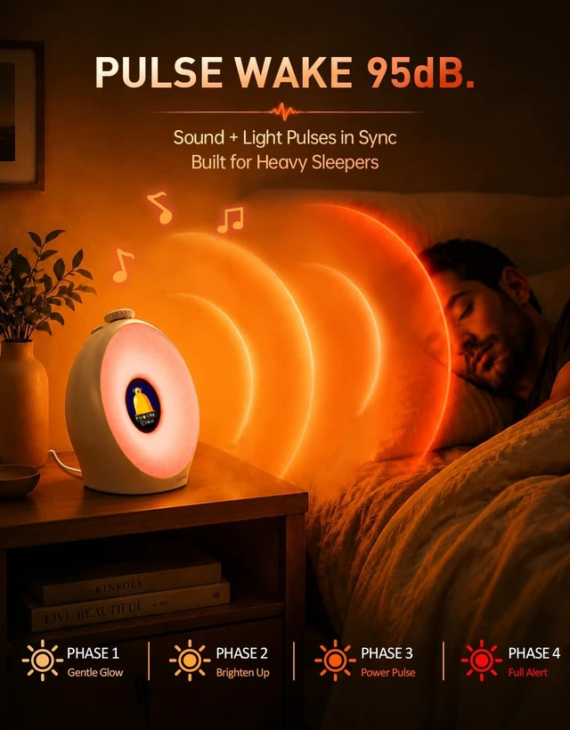 Alt view image 3 of 7 - Sunrise Alarm Clock with Pulse Wake, 7-Day Programmable 4 Loud Alarm | Sunset Sound Machine, Breathing Ambient Light,Wake Up Light, Play All Night Soothing Sounds, Easy Set IPS Display & 7 Themes