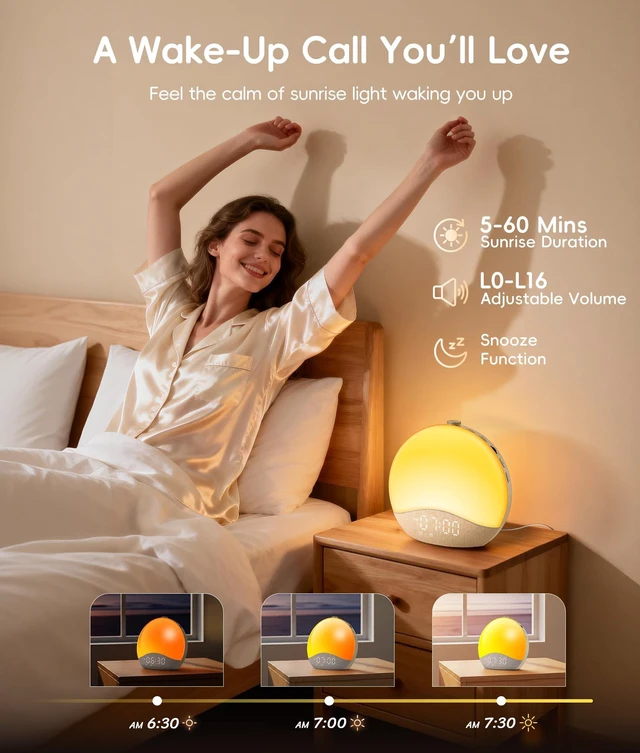 Alt view image 3 of 7 - Sunrise Alarm Clock for Bedroom, White Noise Sound Machine | 26 Soothing Sounds, 17 Night Lights, Bluetooth Speaker, Wake Up Sunlight for Heavy Sleepers, Adults, Kids - Natural