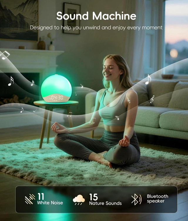 Alt view image 6 of 7 - Sunrise Alarm Clock for Bedroom, White Noise Sound Machine | 26 Soothing Sounds, 17 Night Lights, Bluetooth Speaker, Wake Up Sunlight for Heavy Sleepers, Adults, Kids - Natural