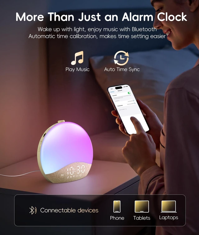 Alt view image 7 of 7 - Sunrise Alarm Clock for Bedroom, White Noise Sound Machine | 26 Soothing Sounds, 17 Night Lights, Bluetooth Speaker, Wake Up Sunlight for Heavy Sleepers, Adults, Kids - Natural