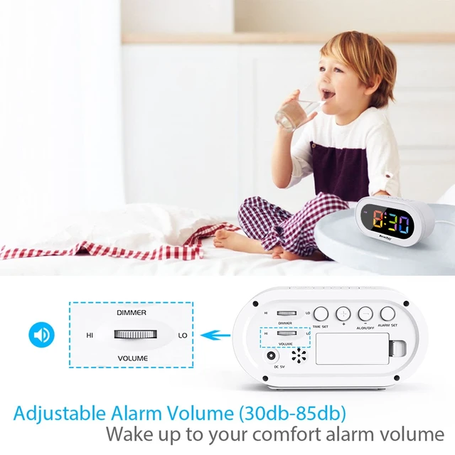 Alt view image 6 of 7 - Small Colorful LED Digital Alarm Clock with Snooze for Bedrooms | Colorful LED display, full-range brightness dimmer, adjustable volume, easy snooze, outlet-powered for desk, shelf, bedside