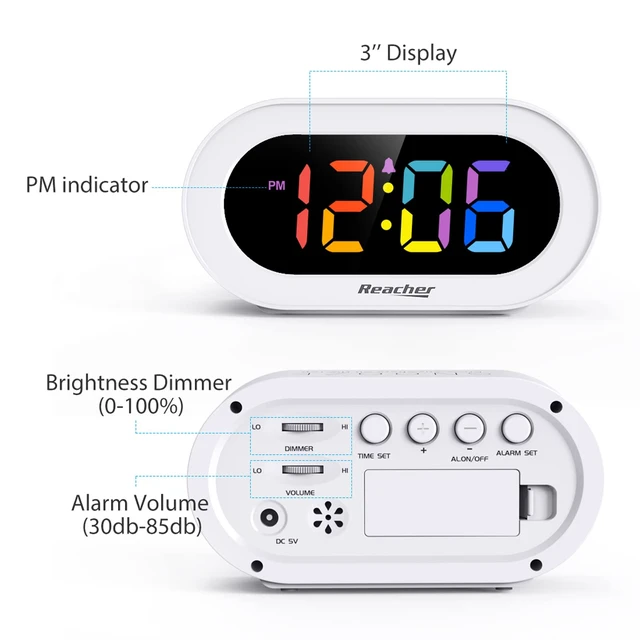 Alt view image 5 of 7 - Small Colorful LED Digital Alarm Clock with Snooze for Bedrooms | Colorful LED display, full-range brightness dimmer, adjustable volume, easy snooze, outlet-powered for desk, shelf, bedside