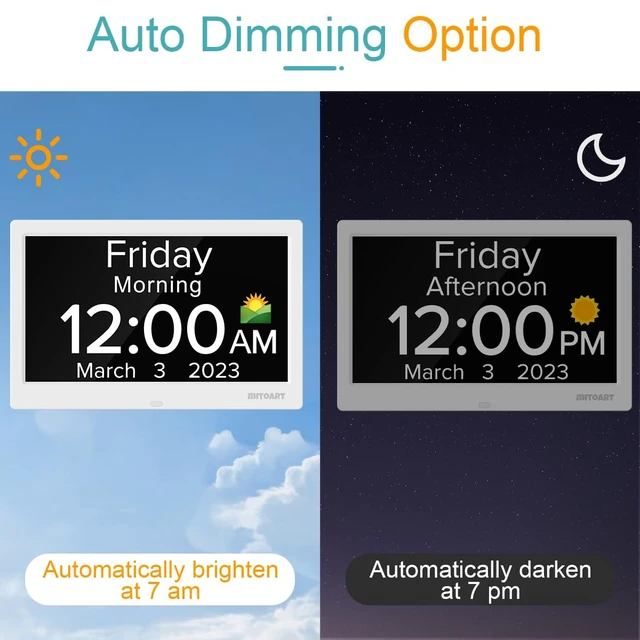 Alt view image 2 of 7 - 10.1 Inch Digital Alarm Clock with Date and Day of Week for Dementia Seniors, Clear Large Screen, Multiple Alarm Sets, Auto DST, Designed Specifically for Elderly - White