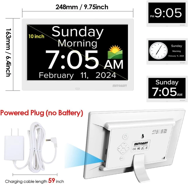 Alt view image 5 of 7 - 10.1 Inch Digital Alarm Clock with Date and Day of Week for Dementia Seniors, Clear Large Screen, Multiple Alarm Sets, Auto DST, Designed Specifically for Elderly - White