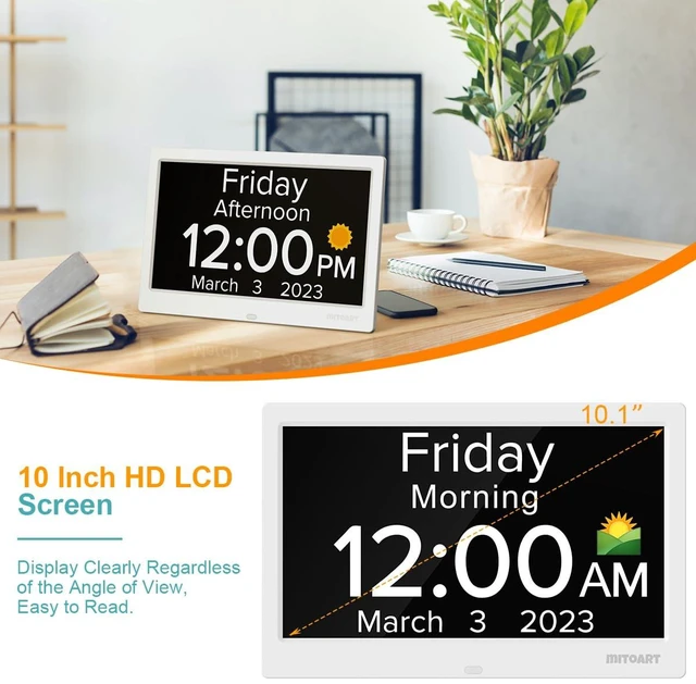 Alt view image 3 of 7 - 10.1 Inch Digital Alarm Clock with Date and Day of Week for Dementia Seniors, Clear Large Screen, Multiple Alarm Sets, Auto DST, Designed Specifically for Elderly - White