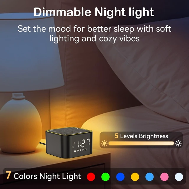 Alt view image 6 of 7 - 2-in-1 Sound Machine Alarm Clock: 30 Non-Looping Sounds, Compact | Block Outside Noise for Sleep & Focus, 30 Adjustable Volume, Dimmable Nightlight & Display Brightness, 10-480 Min Timer