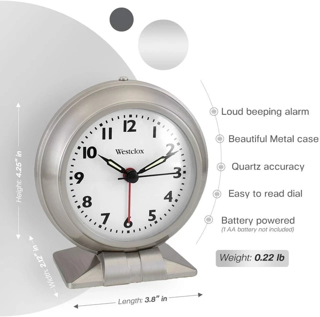 Alt view image 2 of 4 - Classic Alarm Clock Silver Finish, 4.75W x 5.5H Analog Display, Battery-Powered, Glass Lens, Easy-Read Numbers, Real-Bell Style Alarm, Vintage Look