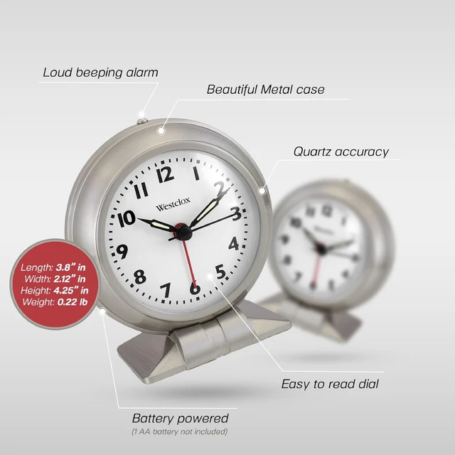Alt view image 4 of 4 - Classic Alarm Clock Silver Finish, 4.75W x 5.5H Analog Display, Battery-Powered, Glass Lens, Easy-Read Numbers, Real-Bell Style Alarm, Vintage Look
