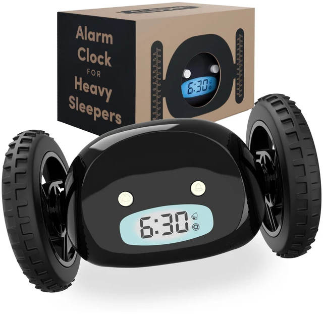 Main image of Runaway Digital Loud Rolling Alarm Clock for Heavy Sleeper Adults | Alarm Clock on Wheels that Jumps & Runs to Wake You Up | Funny Unique Gift for Adults, Teens & Kids Bedrooms, Black Wheels