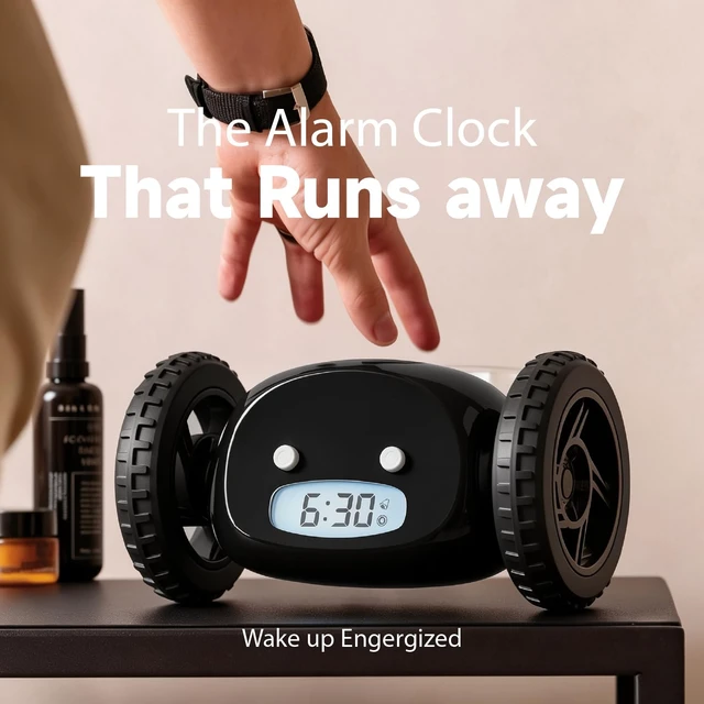 Alt view image 3 of 7 - Runaway Digital Loud Rolling Alarm Clock for Heavy Sleeper Adults | Alarm Clock on Wheels that Jumps & Runs to Wake You Up | Funny Unique Gift for Adults, Teens & Kids Bedrooms, Black Wheels