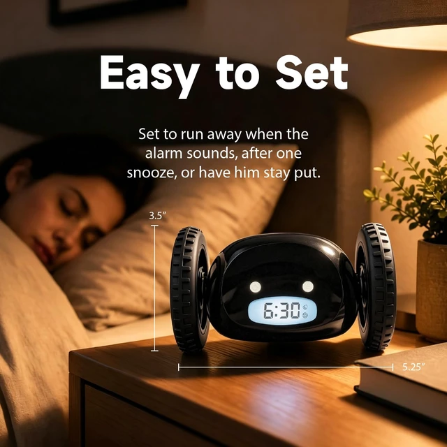 Alt view image 4 of 7 - Runaway Digital Loud Rolling Alarm Clock for Heavy Sleeper Adults | Alarm Clock on Wheels that Jumps & Runs to Wake You Up | Funny Unique Gift for Adults, Teens & Kids Bedrooms, Black Wheels