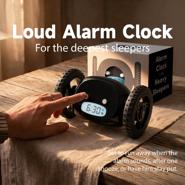 Alt view image 5 of 7 - Runaway Digital Loud Rolling Alarm Clock for Heavy Sleeper Adults | Alarm Clock on Wheels that Jumps & Runs to Wake You Up | Funny Unique Gift for Adults, Teens & Kids Bedrooms, Black Wheels