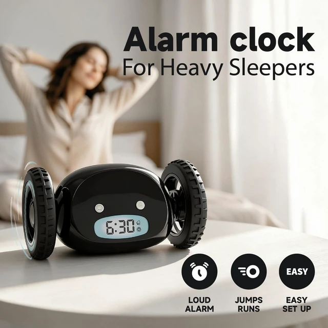 Alt view image 2 of 7 - Runaway Digital Loud Rolling Alarm Clock for Heavy Sleeper Adults | Alarm Clock on Wheels that Jumps & Runs to Wake You Up | Funny Unique Gift for Adults, Teens & Kids Bedrooms, Black Wheels