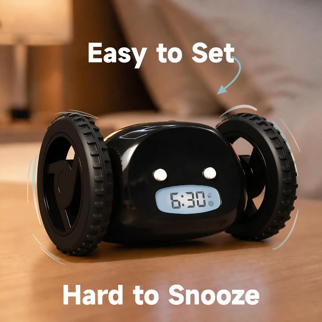 Alt view image 6 of 7 - Runaway Digital Loud Rolling Alarm Clock for Heavy Sleeper Adults | Alarm Clock on Wheels that Jumps & Runs to Wake You Up | Funny Unique Gift for Adults, Teens & Kids Bedrooms, Black Wheels