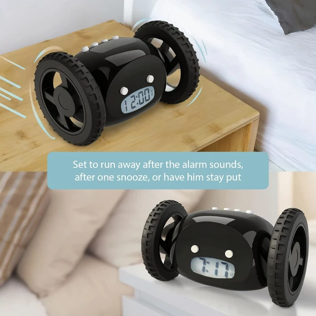 Alt view image 7 of 7 - Runaway Digital Loud Rolling Alarm Clock for Heavy Sleeper Adults | Alarm Clock on Wheels that Jumps & Runs to Wake You Up | Funny Unique Gift for Adults, Teens & Kids Bedrooms, Black Wheels