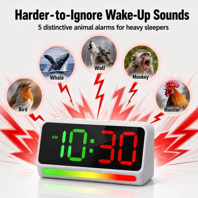 Alt view image 3 of 7 - Extra Loud Alarm Clock for Heavy Sleepers Adults, Kids and Teens | 5 Extremely Loud Wake-Up Sounds, LED Digital Display, 7-Color Night Light, Dimmer, Bedroom Bedside Use, Boys