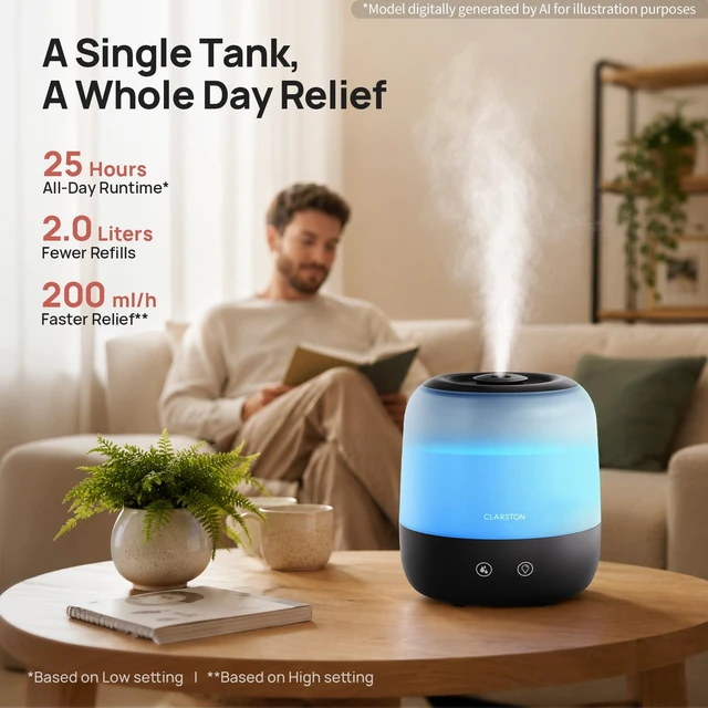 Alt view image 3 of 7 - Humidifiers for Bedroom, 2L Cool Mist Humidifier, 24dB Quiet Sleep | 25H Runtime, Easy to Top Fill & Clean, Humidification for Baby Nursery & Plant, 360° Nozzle for Large Room, Nightlight,No BPA