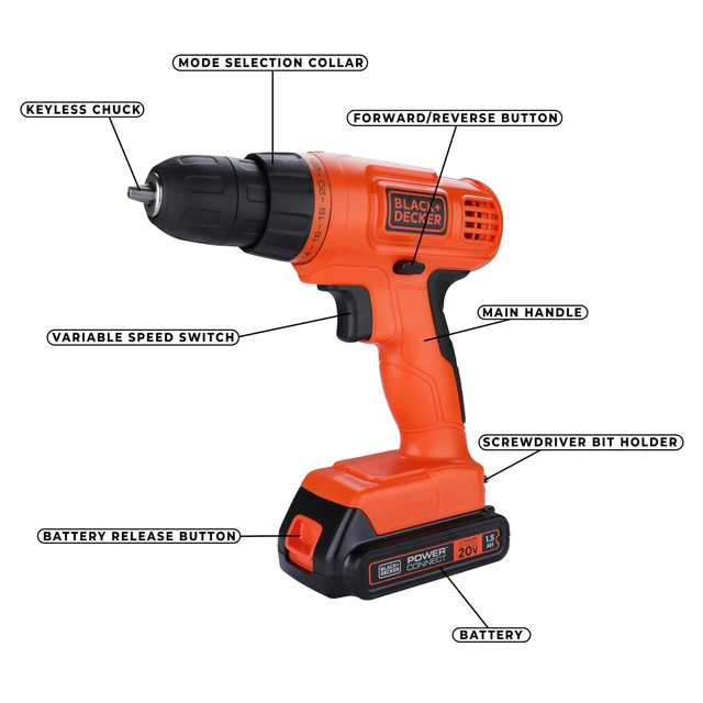 Alt view image 3 of 7 - 20V MAX POWERCONNECT Power Drill Cordless Drill Driver Electric Screwdriver with 30 Piece Bit Set and Drivers Kit, Battery and Charger Included (LD120VA)