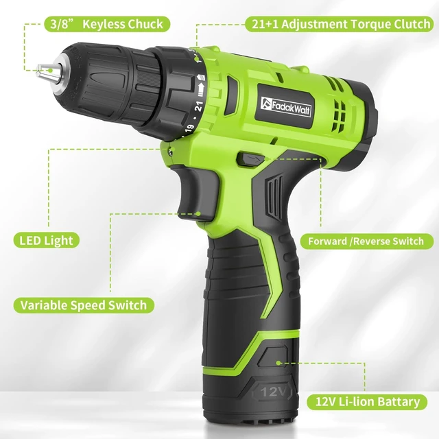 Alt view image 2 of 7 - Cordless Drill Set,12V Power Drill Set with Battery and Charger, Electric Driver/Drill Bits, 3/8'' Keyless Chuck,21+1 Torque Setting, 180 inch-lbs, with LED Electric Drill Set (Green)