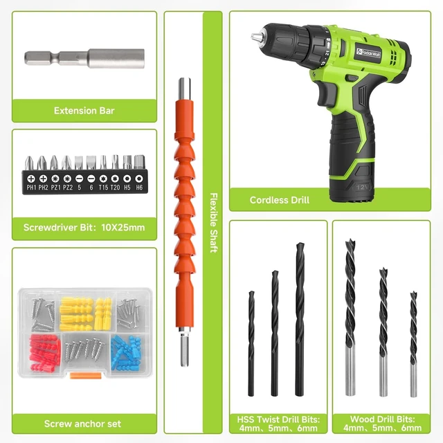 Alt view image 3 of 7 - Cordless Drill Set,12V Power Drill Set with Battery and Charger, Electric Driver/Drill Bits, 3/8'' Keyless Chuck,21+1 Torque Setting, 180 inch-lbs, with LED Electric Drill Set (Green)