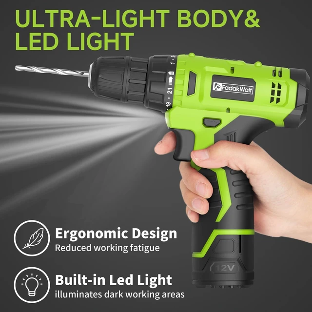 Alt view image 6 of 7 - Cordless Drill Set,12V Power Drill Set with Battery and Charger, Electric Driver/Drill Bits, 3/8'' Keyless Chuck,21+1 Torque Setting, 180 inch-lbs, with LED Electric Drill Set (Green)