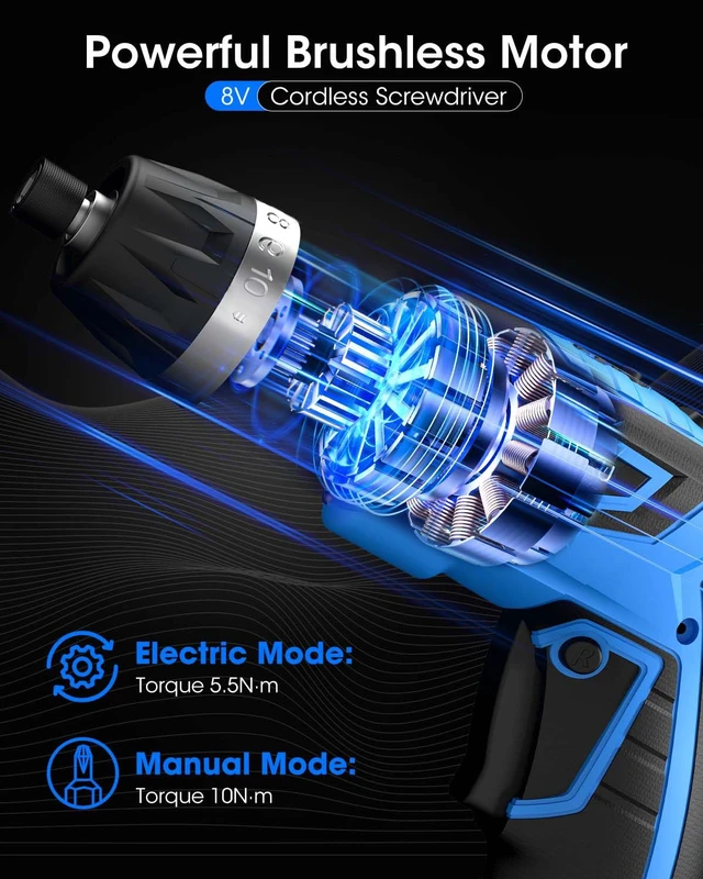 Alt view image 3 of 7 - 8V Cordless Screwdriver,10+1 Precision Torque Electric Screwdriver Max10N·m | Upgraded 2000 mAh Rechargeable Screw Gun with 50-Piece Kit,180° Pivoting Handle,Flexible Shaft,LED Light,Gift for DIY&Home