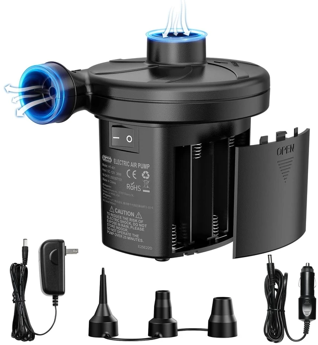 Main image of 3 Ways Powered Air Mattress Pump Electric Air Pump with 3-Nozzle | AC 110V, DC 12V, Battery Operated Quick-Fill Inflator Deflator for Inflatable Pool Float Air Bed Boat Swimming Ring