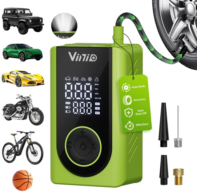Main image of Tire Inflator Portable Air Compressor Cordless, LED Digital Display & Auto Shut-Off, 5 Modes, 150 PSI Air Pump for Car, Balls, Bike, Motorcycle, with Pressure Gauge & Accessories Included, Green