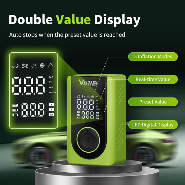 Alt view image 3 of 7 - Tire Inflator Portable Air Compressor Cordless, LED Digital Display & Auto Shut-Off, 5 Modes, 150 PSI Air Pump for Car, Balls, Bike, Motorcycle, with Pressure Gauge & Accessories Included, Green