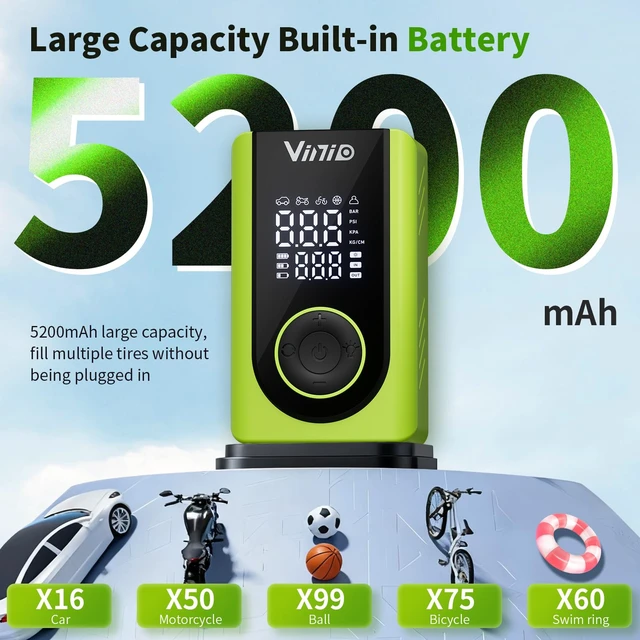 Alt view image 4 of 7 - Tire Inflator Portable Air Compressor Cordless, LED Digital Display & Auto Shut-Off, 5 Modes, 150 PSI Air Pump for Car, Balls, Bike, Motorcycle, with Pressure Gauge & Accessories Included, Green