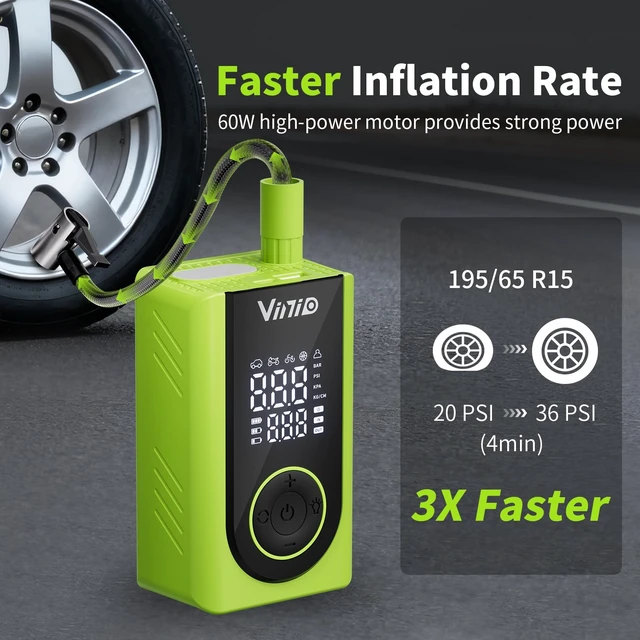 Alt view image 5 of 7 - Tire Inflator Portable Air Compressor Cordless, LED Digital Display & Auto Shut-Off, 5 Modes, 150 PSI Air Pump for Car, Balls, Bike, Motorcycle, with Pressure Gauge & Accessories Included, Green
