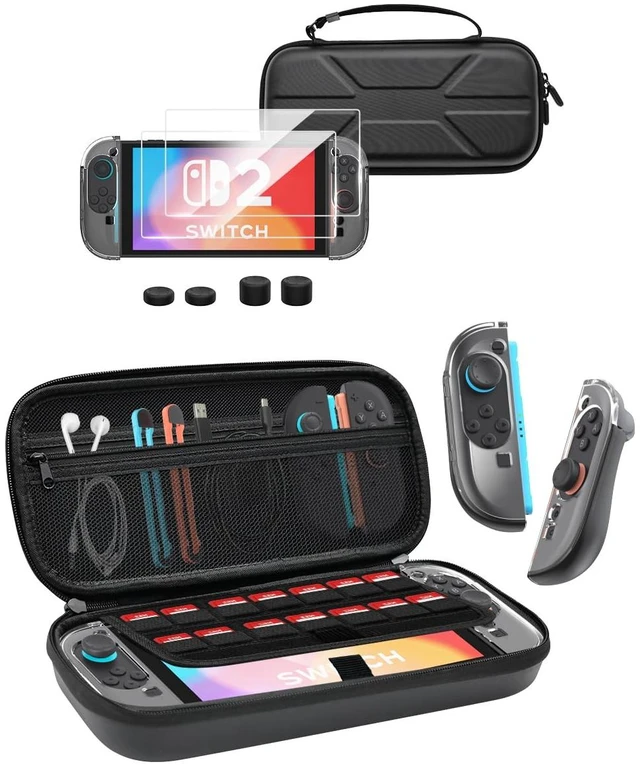 Main image of 14 in 1 Carrying Case Accessories Set for Nintendo Switch 2 | Travel Storage Bag Holds 14 Game Cartridges, Protective Crystal JoyCon Case for Switch2, 2 Screen Protectors, 4 Thumb Grips