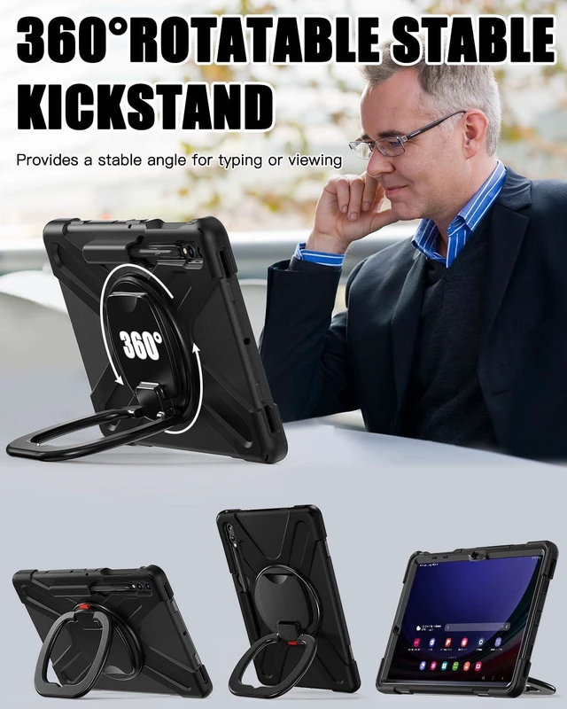 Alt view image 3 of 7 - Case for Samsung Galaxy Tab S10+ Plus/S9 FE+/S9+/S8+/S7 FE/S7+ 12.4" | Screen Protector, Heavy Duty, Ruggged Silicone Cover, S Pen Holder, Stable Kickstand,Shoulder Strap, SM-X820/X610/X810, Black