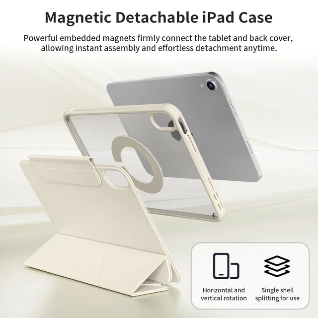 Alt view image 3 of 7 - Case for iPad Air 11-inch M4/M3/M2,10.9-inch 5th/4th Gen,Cream White | For iPad Air 2026/2025/2024/2022/2020 Case, Detachable Magnetic Rotating Transparent Hard PC Back with Pencil Holder