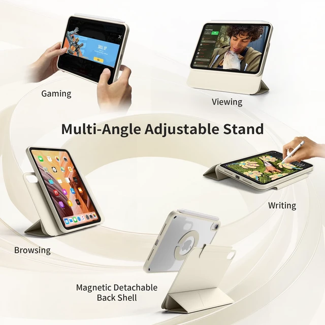 Alt view image 6 of 7 - Case for iPad Air 11-inch M4/M3/M2,10.9-inch 5th/4th Gen,Cream White | For iPad Air 2026/2025/2024/2022/2020 Case, Detachable Magnetic Rotating Transparent Hard PC Back with Pencil Holder