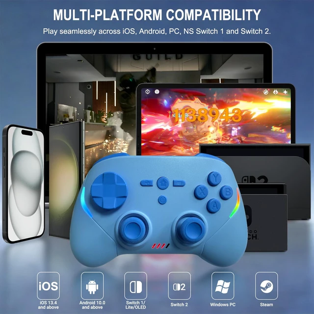 Alt view image 2 of 7 - Mobile Gaming Controller, Wireless Game Controller for iPad/Tablet/iPhone/Android/Switch/Switch 2/Lite/OLED/PC, Handheld Gamepad with Hall Effect Joysticks/Triggers/6-Axis Gyro - Blue