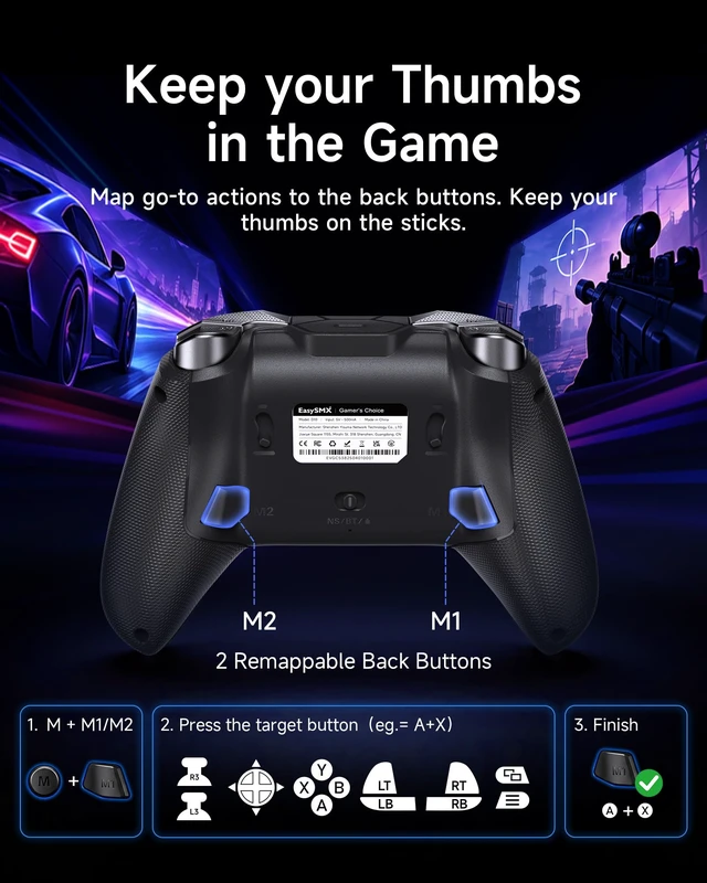 Alt view image 3 of 7 - D10 Wireless Gaming Controller for PC, Switch, Android | TMR Anti-Drift Joysticks, Full Mechanical Buttons, 1000Hz, 2 Back Buttons, with Charging Dock