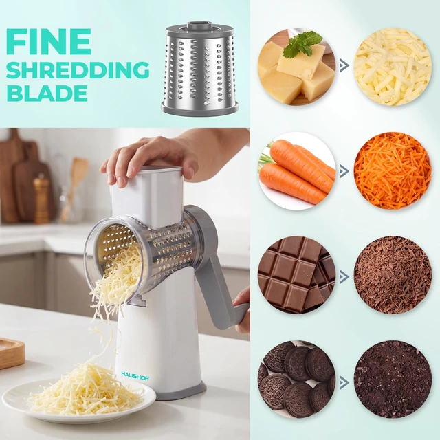 Alt view image 2 of 7 - Rotary Cheese Grater Hand Crank, Vegetable Slicer with 3 Blades | Large Manual Cheese Shredder, Foldable Handle, Powerful Suction Base, Grater for Cheese, Vegetables, Nuts