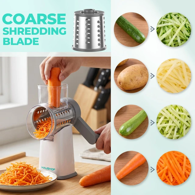 Alt view image 3 of 7 - Rotary Cheese Grater Hand Crank, Vegetable Slicer with 3 Blades | Large Manual Cheese Shredder, Foldable Handle, Powerful Suction Base, Grater for Cheese, Vegetables, Nuts